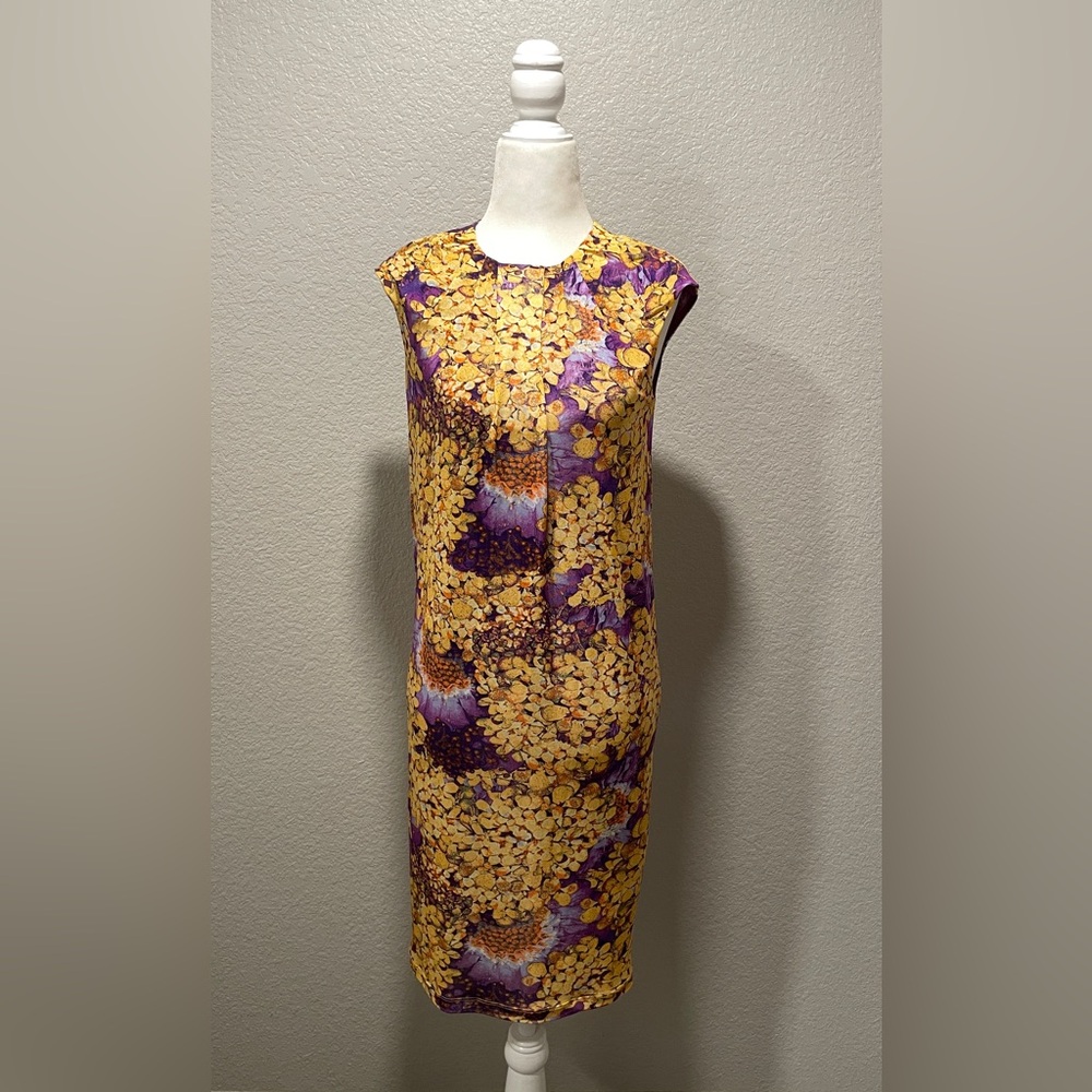 Roberto Cavalli Class Floral Yellow and Purple Dress Crew neckline sleeveless